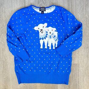 Lands' End Blue & White Polka Dot Sweater w/ Happy Sheep, Large